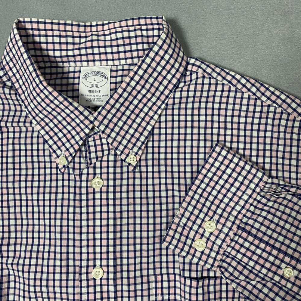 Brooks Brothers Regent Dress Shirt Mens L Pink Black Plaid Button Up Long Sleeve